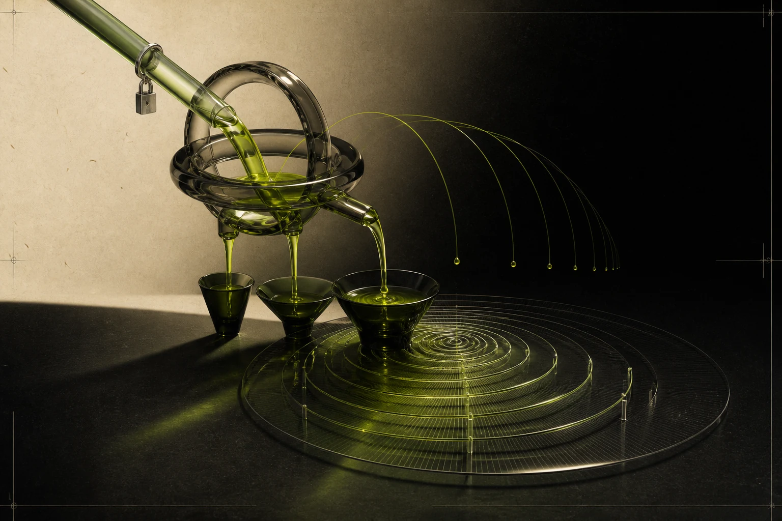 A market fee stream dividing into creator, holder and protocol balances