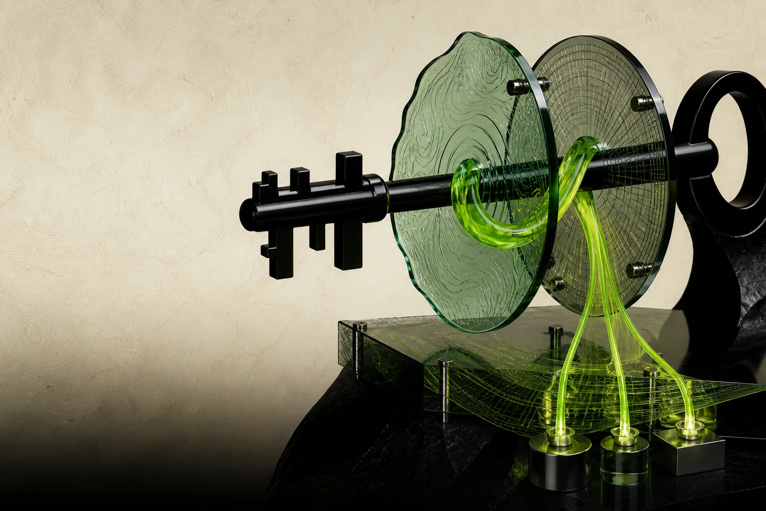 An obsidian creator key joining two translucent market assets